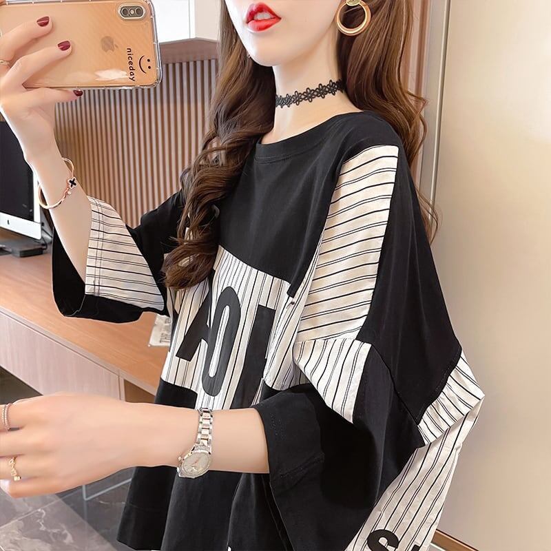 大好評 切り替え ストライプ柄 プリント ロング Tシャツ 三色 ゆったりワンピース ＜S-4012＞