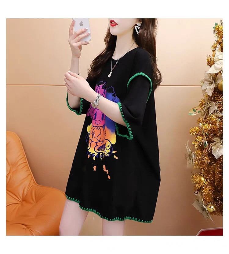 韓国系 ロング プリント Tシャツ 三色 ゆったり半袖 ＜S-2841＞