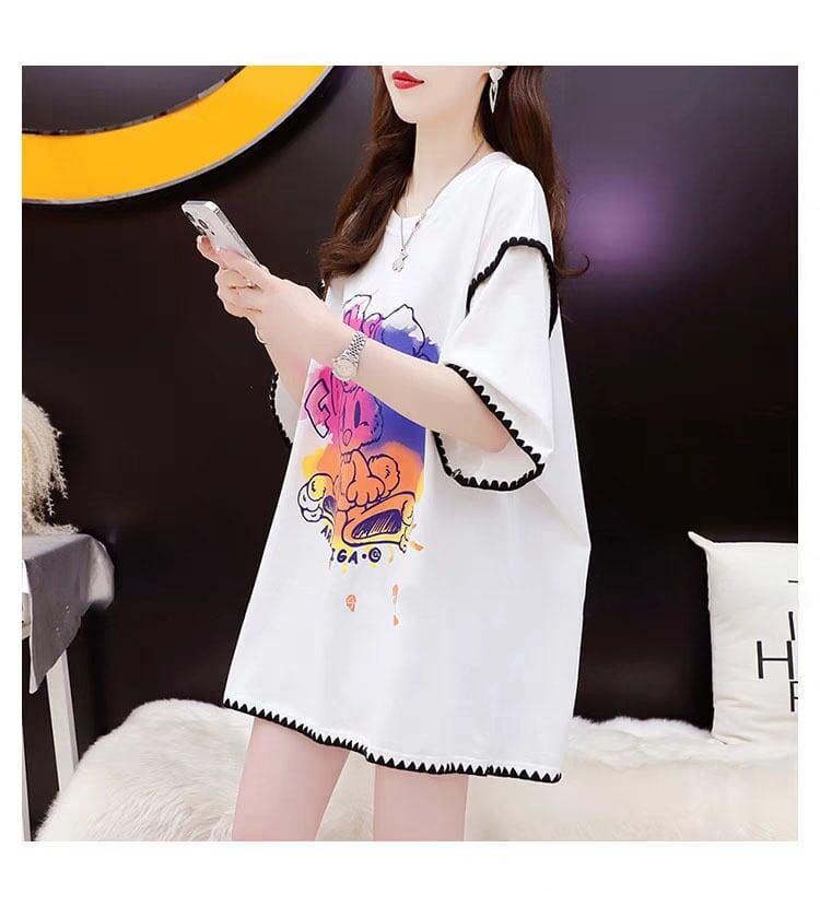 韓国系 ロング プリント Tシャツ 三色 ゆったり半袖 ＜S-2841＞