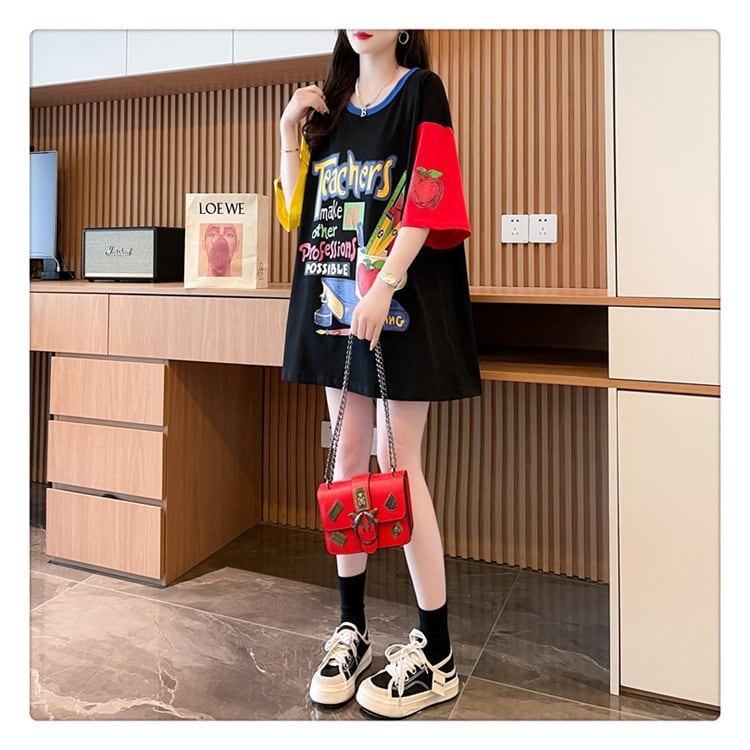 大注目 ドロップショルダー 落書き カラーマッチング プリントTシャツ ゆったり半袖 ＜S-3010＞