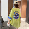 韓国系 ドロップショルダープリント ラウンドネック ロング Tシャツ 三色 ゆったり半袖＜S-3011＞