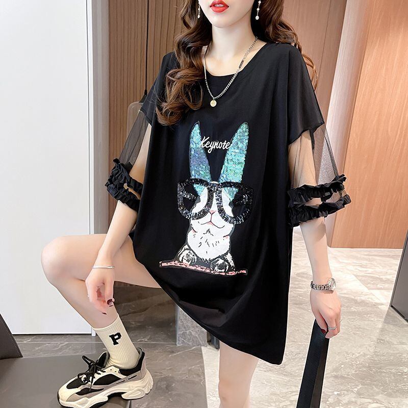 着回し力抜群 チュール 新作 切り替え ピンク プリント スパンコール プリント全3色 半袖Tシャツ カットソー ＜S-8557＞
