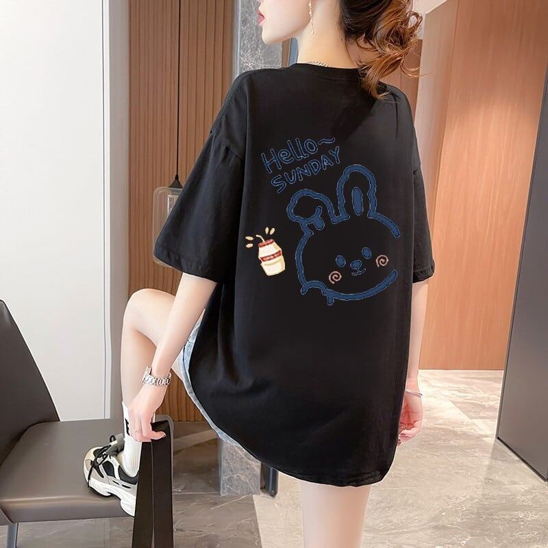 韓国系 アルファベット 可愛いウサギちゃん プリントTシャツ ゆったり半袖＜S-2969＞