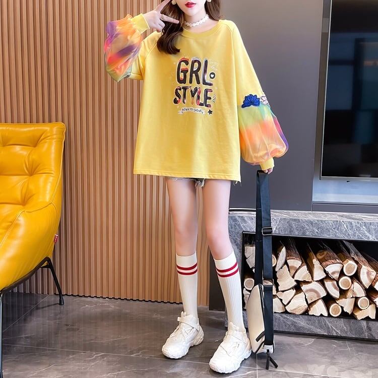 秋の新作 パフスリーブ アルファベットプリント 長袖ラグランTシャツトップス<S-4032>