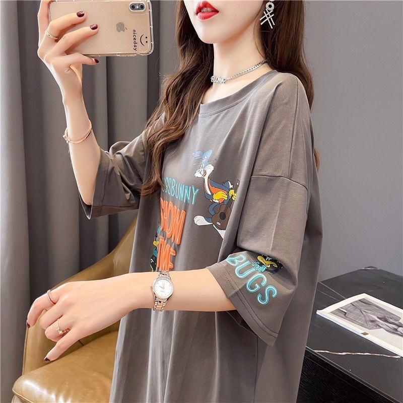 おすすめ アルファベット ラウンドネック プリントTシャツ ゆったり ワンピース＜S-3049＞