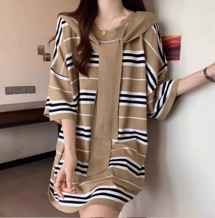 超人気 レイヤード風 カジュアル ストライプ柄 ゆったり 半袖 Tシャツ＜S-8797＞