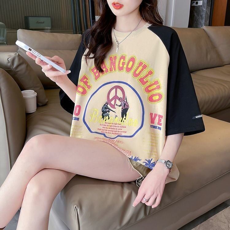 夏新作 配色 プリント ロング ラグランTシャツ 三色 ゆったりワンピース ＜S-4003＞