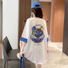 韓国系 ドロップショルダープリント ラウンドネック ロング Tシャツ 三色 ゆったり半袖＜S-3011＞