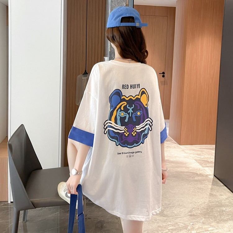 韓国系 ドロップショルダープリント ラウンドネック ロング Tシャツ 三色 ゆったり半袖＜S-3011＞