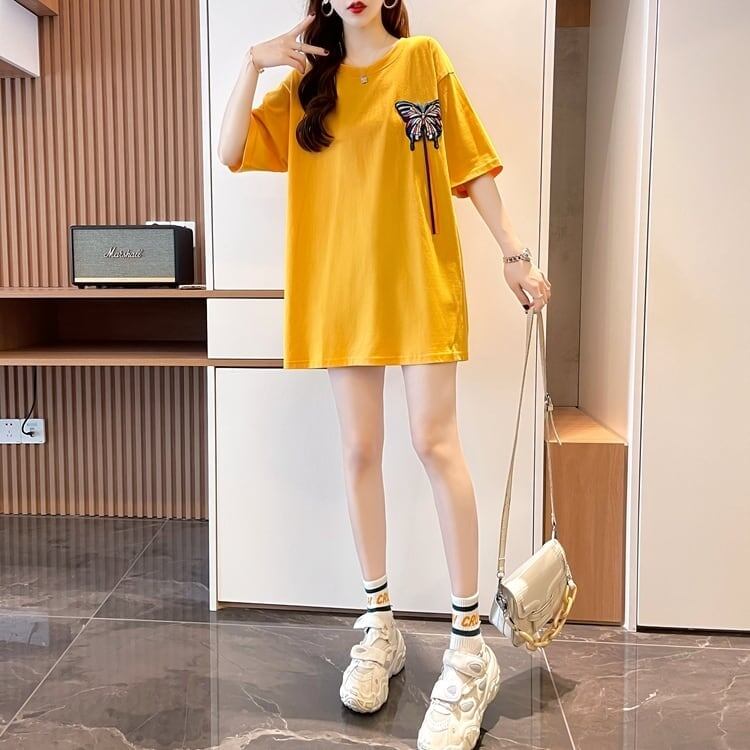最新デザインセンス刺繍純綿ルーズ半袖Tシャツ<S-2949>