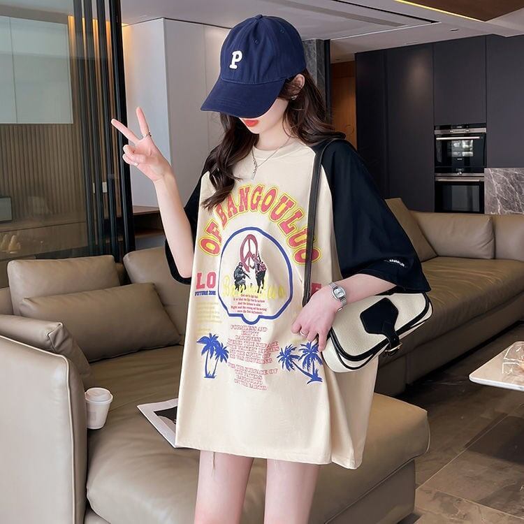 夏新作 配色 プリント ロング ラグランTシャツ 三色 ゆったりワンピース ＜S-4003＞