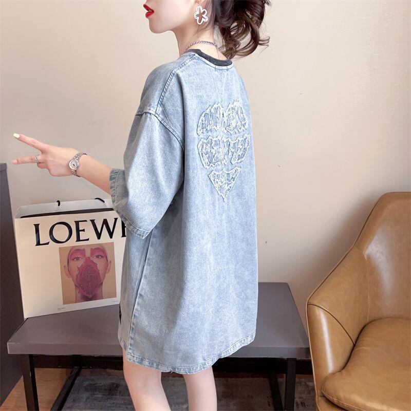 人気商品再入荷 アバンギャルド 着回し力抜群 ルーズ デニム 半袖Tシャツ<S-8804>