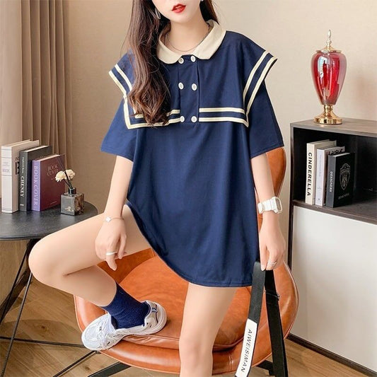 絶対欲しい ロング セーラーカラー Tシャツ 三色 ゆったりワンピース＜S-4028＞