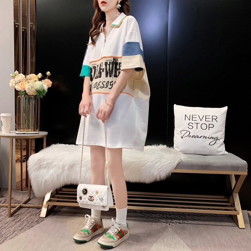 韓国系 切り替え POLOネック ファスナー ロング Tシャツ 二色 ゆったりワンピース ＜S-3015＞