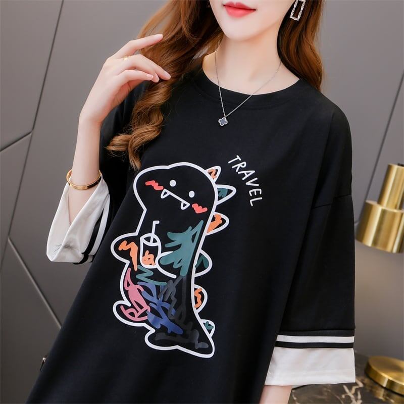 合わせやすい アルファベット ラウンドネック プリントTシャツ ゆったり ワンピース＜S-3992＞