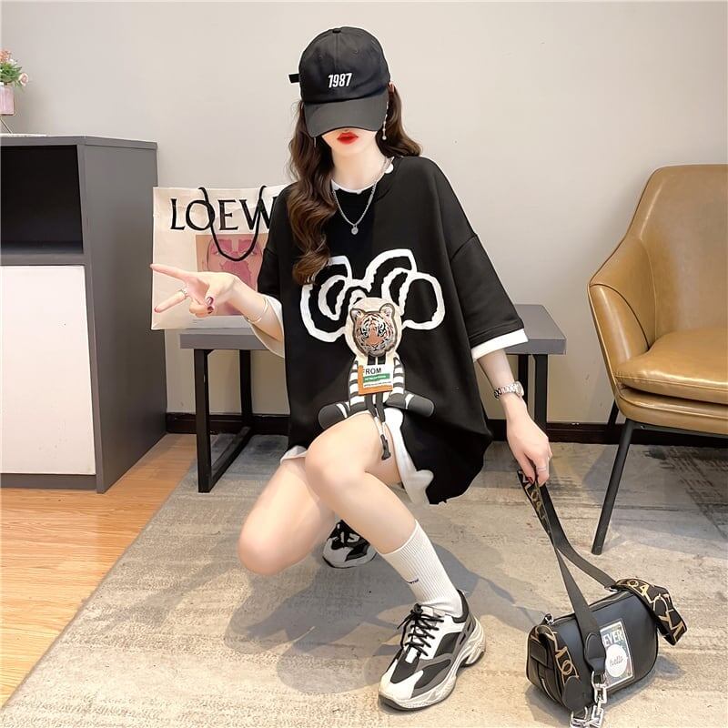 気質ルーズ漫画プリントミッドレングス半袖Tシャツ<S-3026>