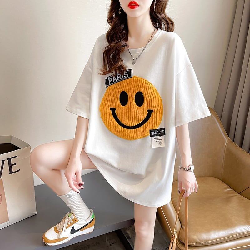 質感のいい ニコちゃん刺繍 スマイル ロング Tシャツ ゆったり半袖 ＜S-2947＞
