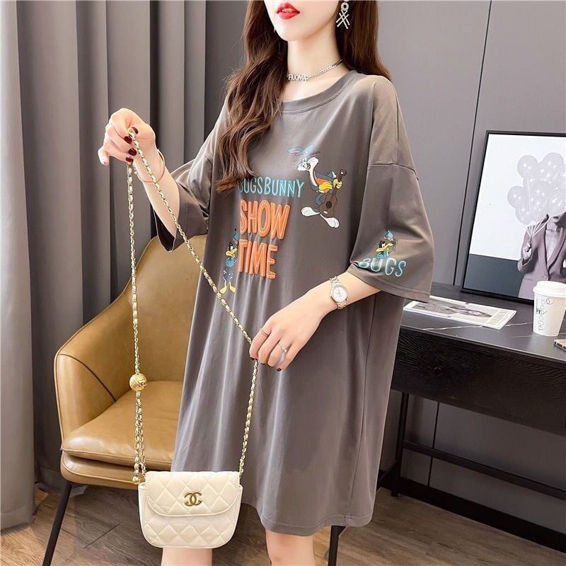 おすすめ アルファベット ラウンドネック プリントTシャツ ゆったり ワンピース＜S-3049＞