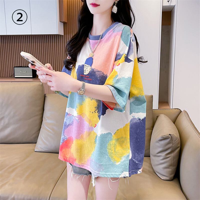 売り切れ必至 絞り染め ファッション プリント 2色選択 半袖Tシャツ＜S-8573＞