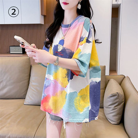 売り切れ必至 絞り染め ファッション プリント 2色選択 半袖Tシャツ＜S-8573＞