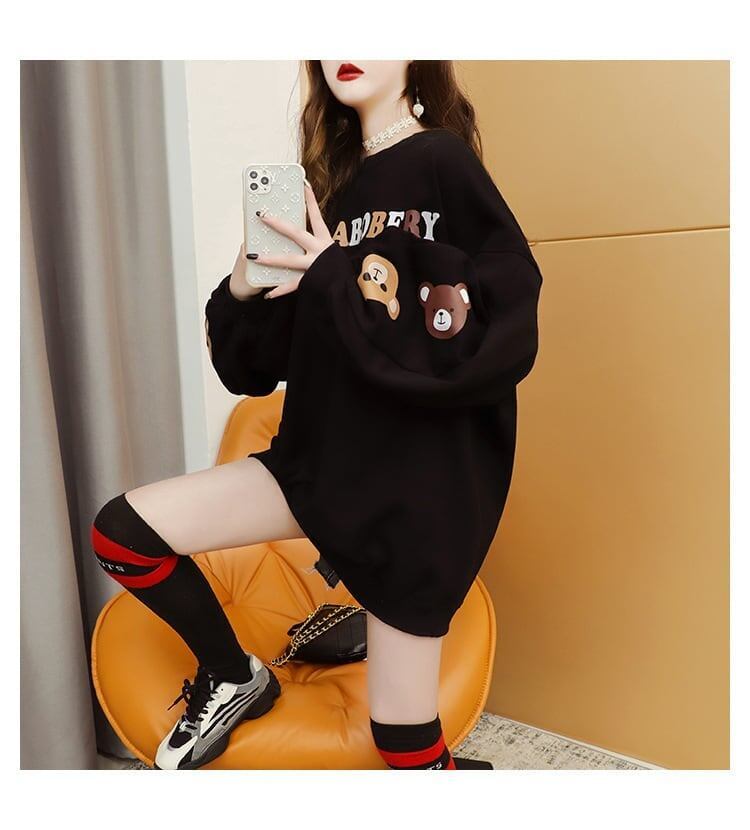 【半額！期間限定！！】韓国風ルーズラウンドネックミドル丈ファッション怠惰なトップス<S-5067>