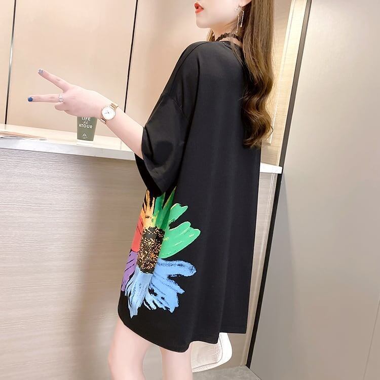 おすすめ アルファベット 花柄 Tシャツ 三色 ゆったり ロング 半袖 ＜S-2946＞