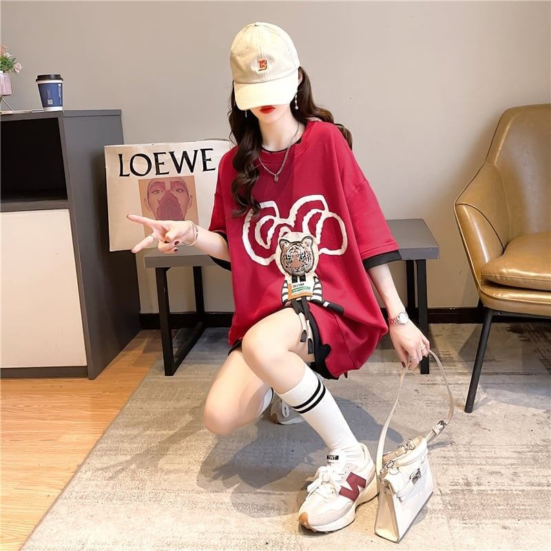 気質ルーズ漫画プリントミッドレングス半袖Tシャツ<S-3026>