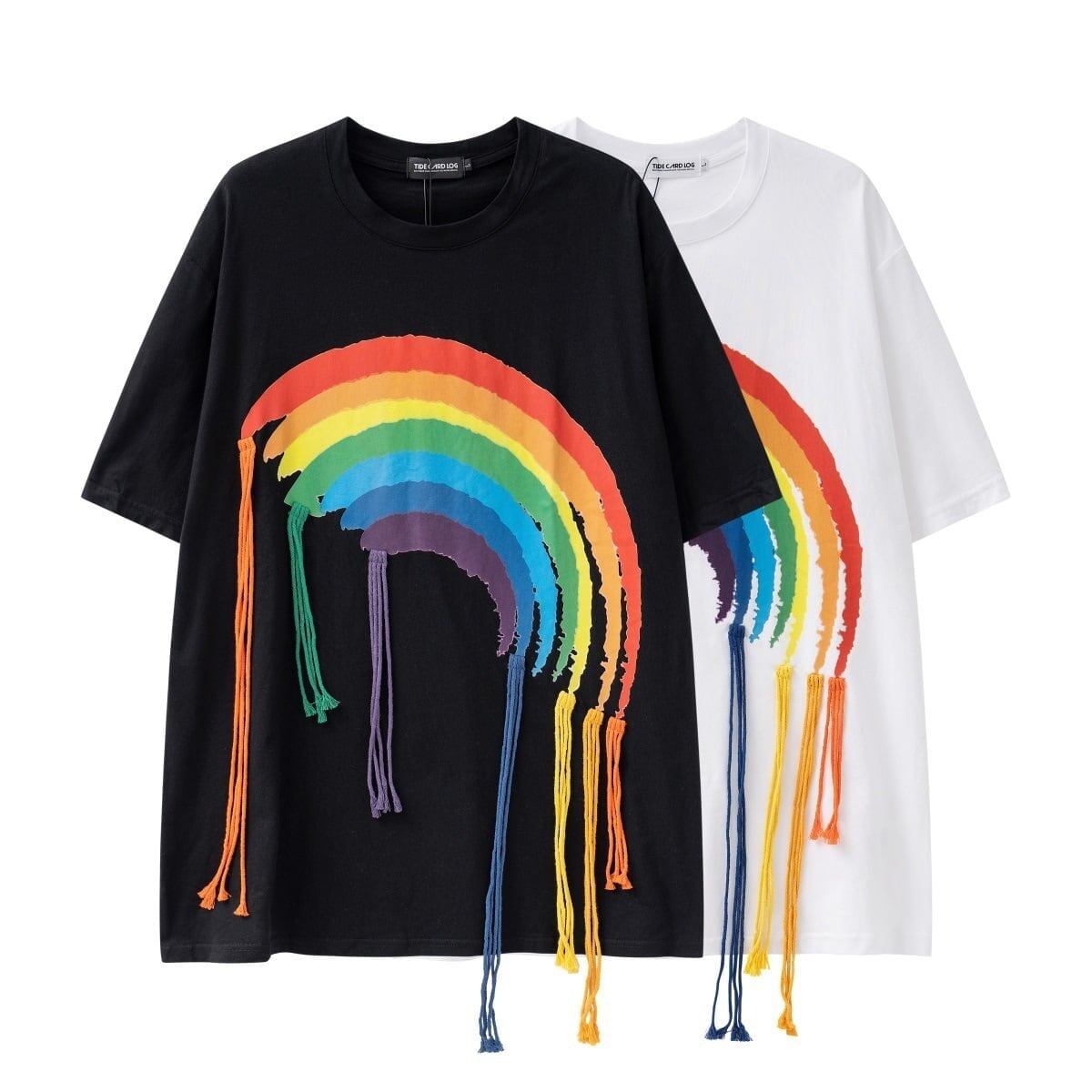 好感度UP 虹ロゴ タッセル ゆったり Tシャツ 全2色 ユニセックス半袖<S-4863>