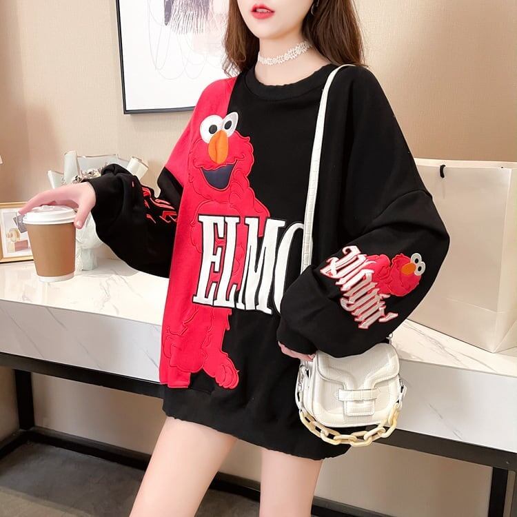 ゆったりとした重工業刺繍漫画長袖トップ<S-5083>