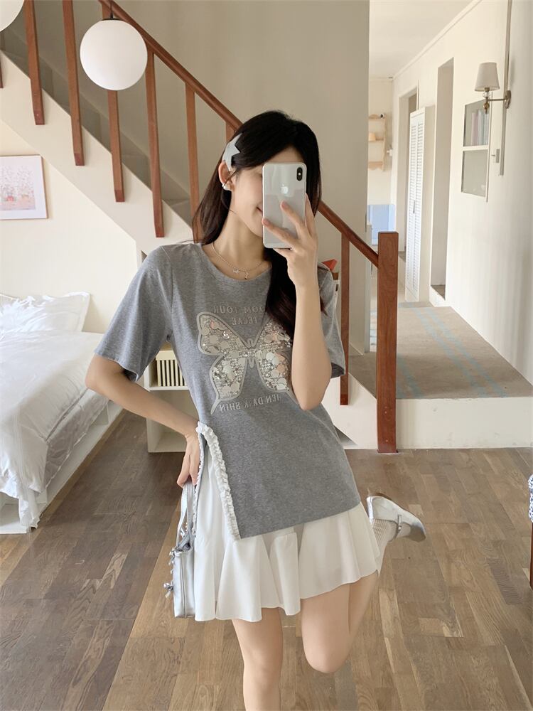 絶対欲しい キュート 超人気 ピンク プリント スパンコール 3色選択 半袖Tシャツ＜S-8570＞