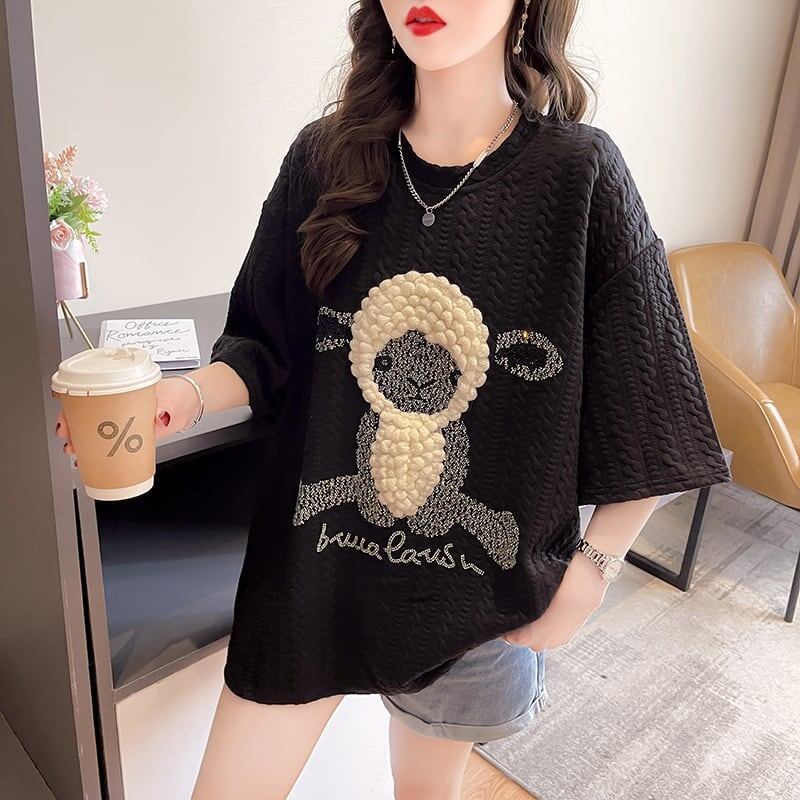 高級立体ハンドビーズコットン半袖Tシャツ<S-2998>