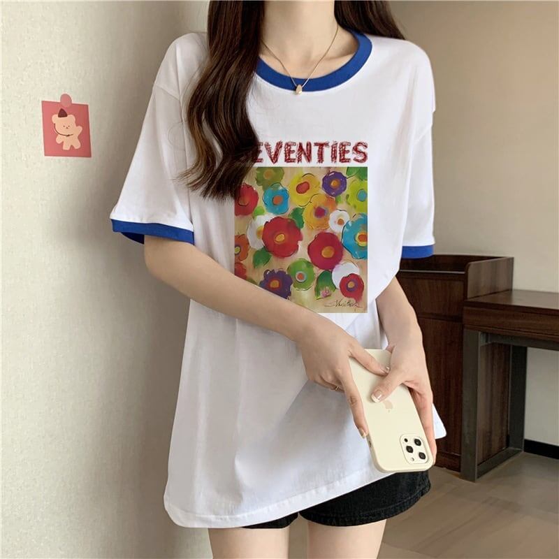 着?せ 配色 プリント ロング Tシャツ 四色 ゆったり半袖 ＜S-3019＞