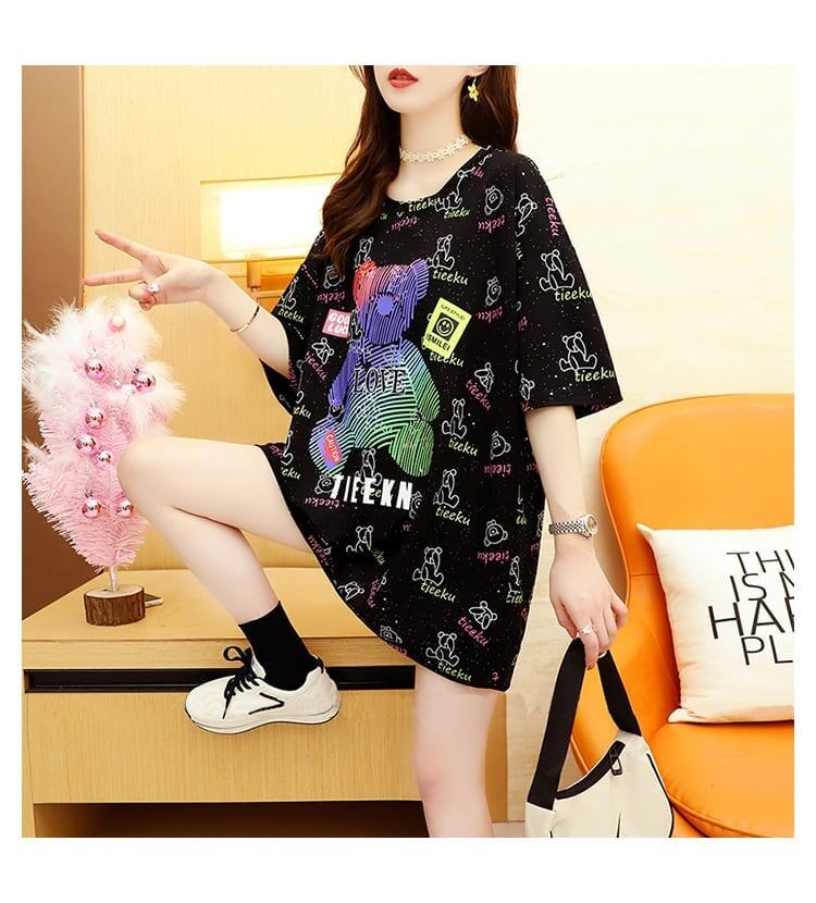 大活躍 プリント 熊柄 Tシャツ ラウンドネック ゆったり半袖＜S-3004＞