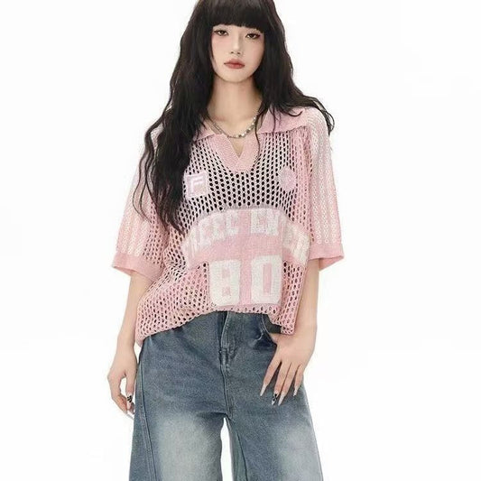人気 プリント 透かし編み 半袖 Tシャツ <S-13183>