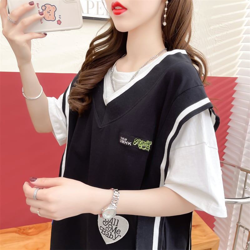 おすすめ アバンギャル 大活躍 ドレイヤード風 切り替え 全2色 半袖Tシャツ<S-8752>
