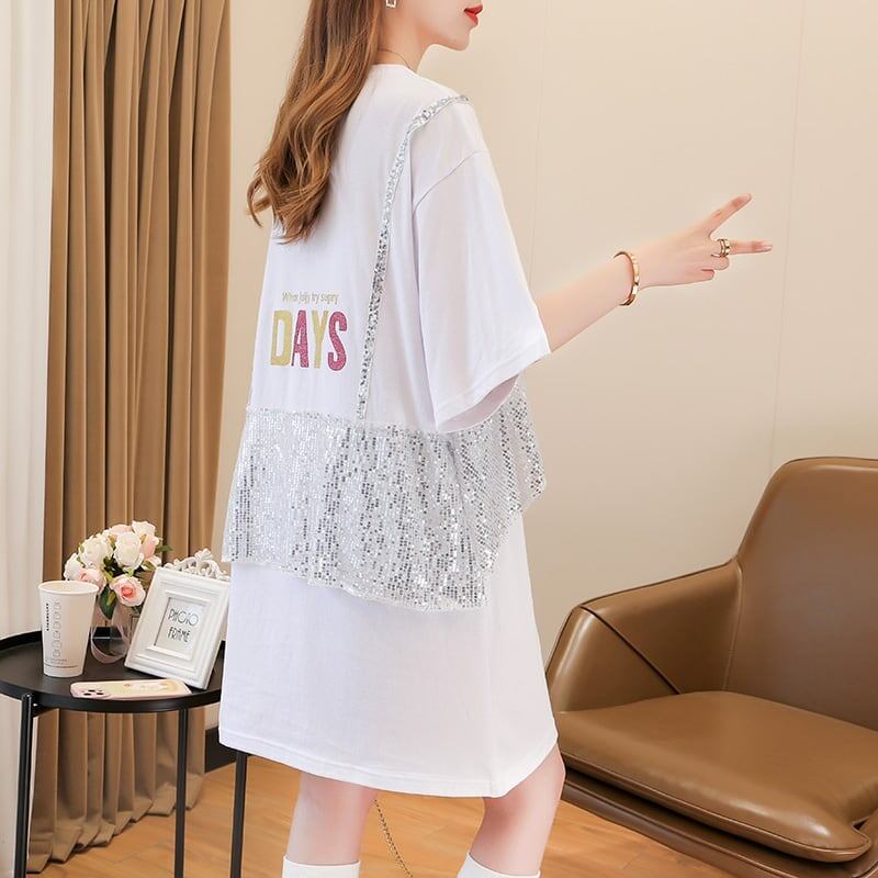 おすすめ アルファベット スパンコール プリントTシャツ ゆったりワンピース＜S-2993＞
