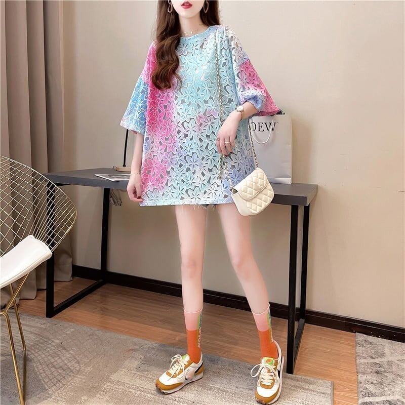 オシャレ度満点 ラウンドネック スタイリッシュ 透かし彫り Tシャツ カットソー＜S-2957＞