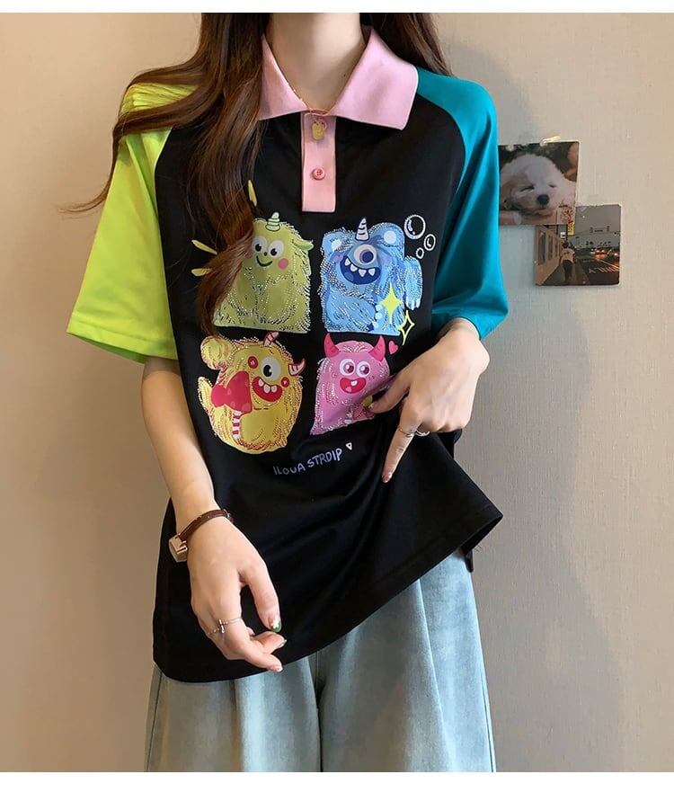 元気いっぱい カラーマッチング POLOネック プリント Tシャツ 半袖 ＜S-2979＞