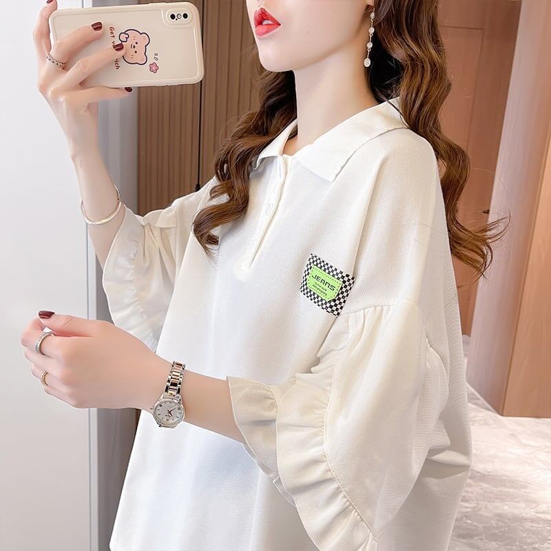 おすすめ POLOネック シンプル フリル ロング Tシャツ 三色 ゆったり半袖 ＜S-3055＞