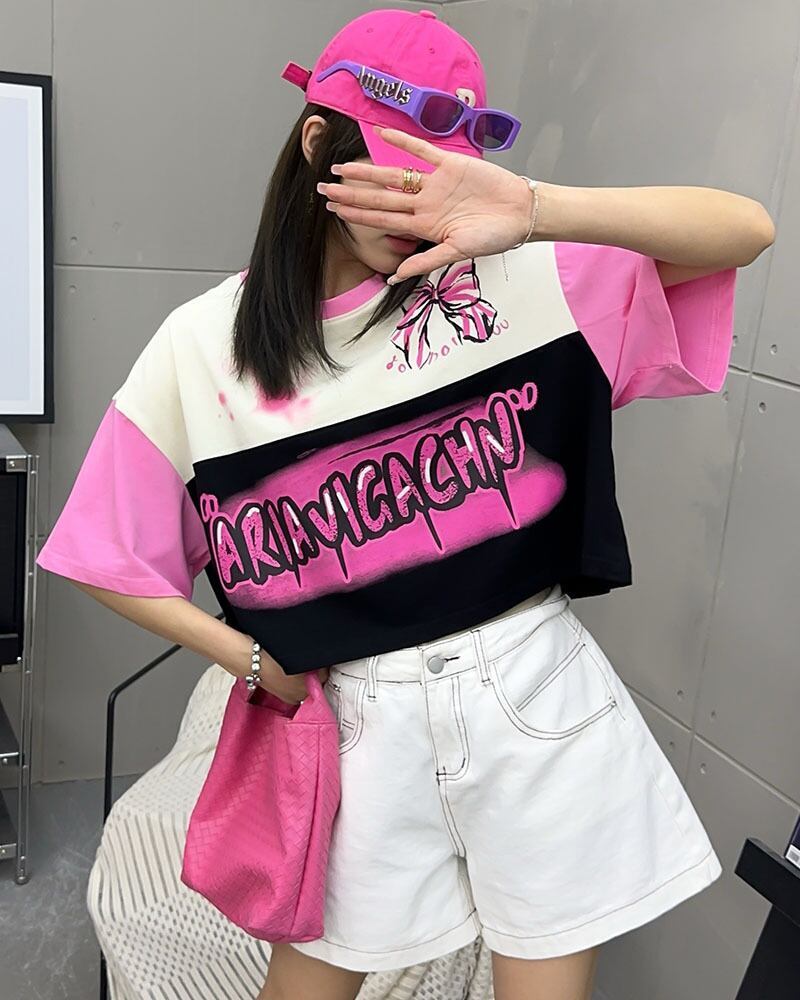 着回し力抜群 切り替え三色 韓国系 ゆったり半袖Tシャツ ＜S-8455＞
