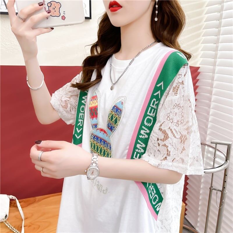 話題沸騰中 レース ビジュー 切り替え ロング Tシャツ ゆったりワンピース ＜S-3032＞