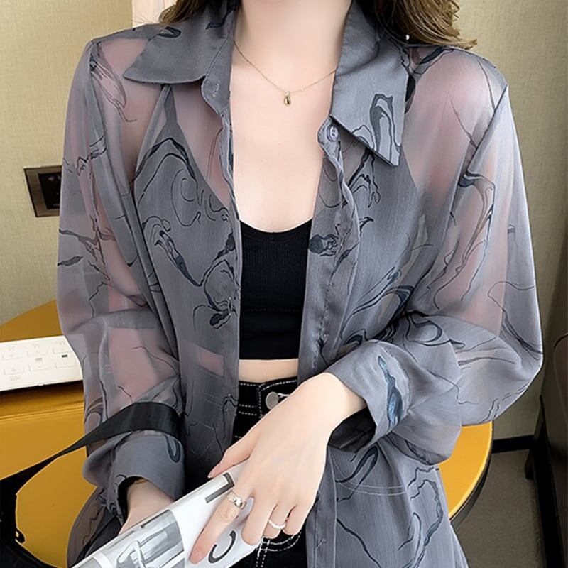 好感度満載 日焼け対策 透け感 POLOネック シャツ ブラウス＜S-3030＞