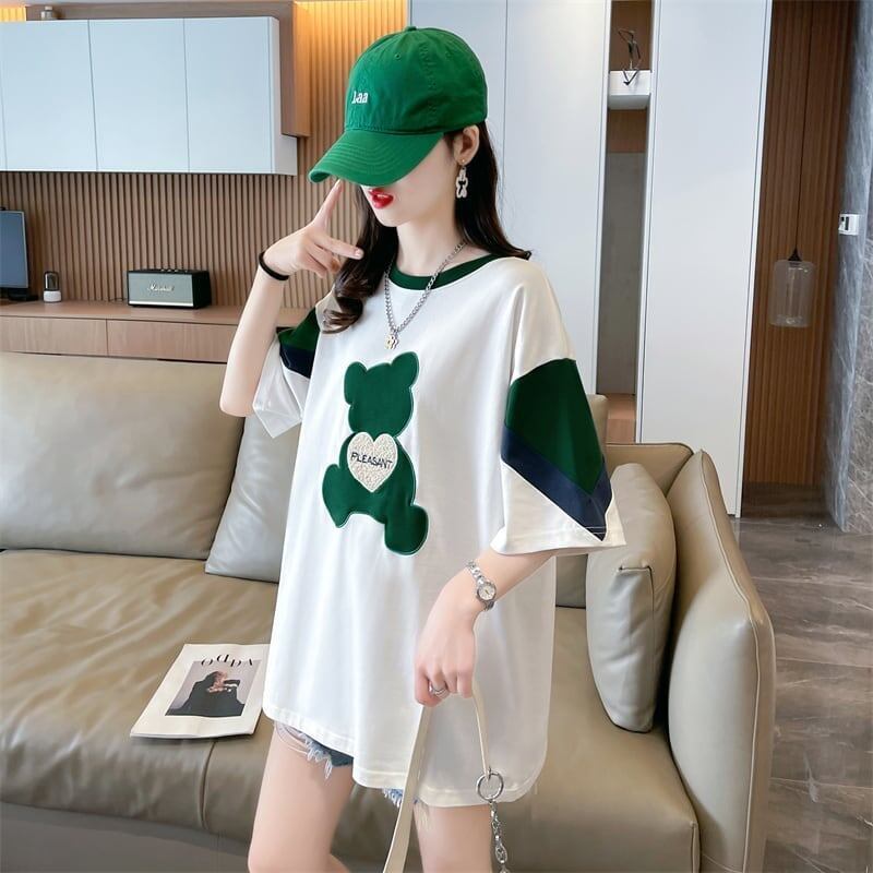 カジュアルルーズワッペン刺繍ステッチカラーブロック半袖Tシャツ<S-2870>