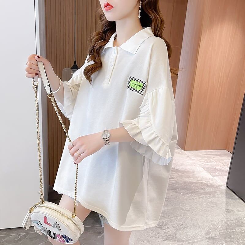 おすすめ POLOネック シンプル フリル ロング Tシャツ 三色 ゆったり半袖 ＜S-3055＞