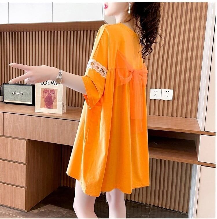 着心地良い レース切り替え リボン プリントTシャツ ゆったり半袖＜S-2889＞