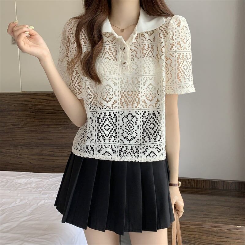 ファッション 透かし彫り 美人度アップ POLOネック Tシャツ カットソー＜S-3234＞