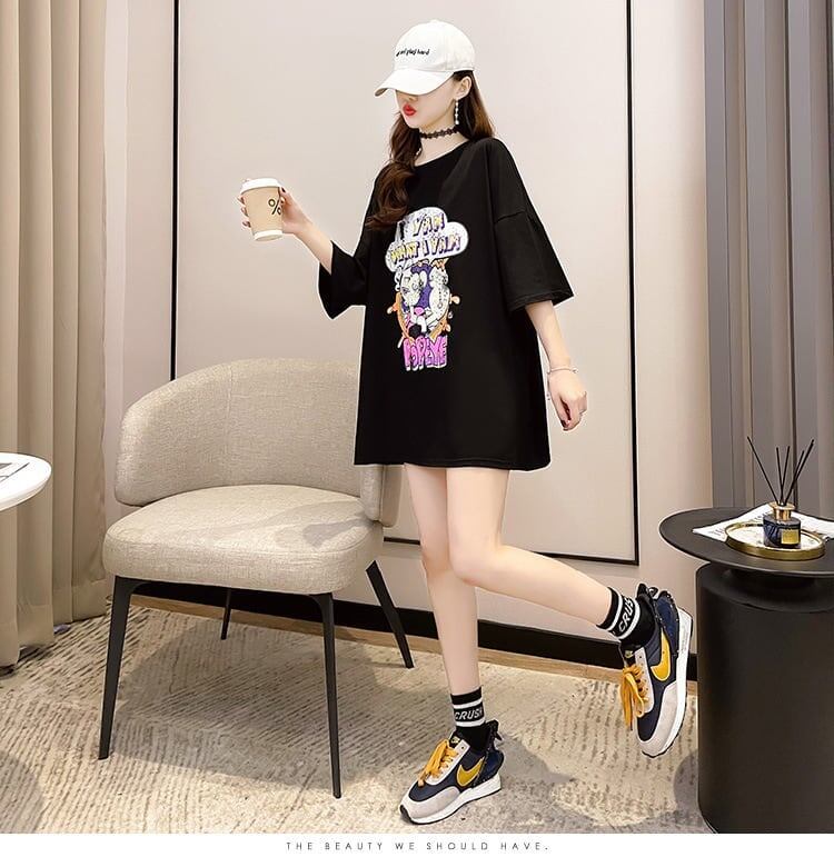 【半額！期間限定！！】グラフィック レース 透かし彫り ロング Tシャツ ゆったりワンピース ＜S-4021＞