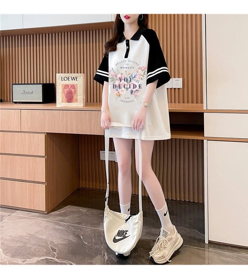 POLOネック プリント バタフライ ロング ラグランTシャツ ゆったりワンピース ＜S-3023＞