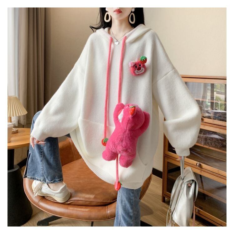 カワイイクマちゃんぬいぐるみ付きニットフード付きパーカ全4色<4537>