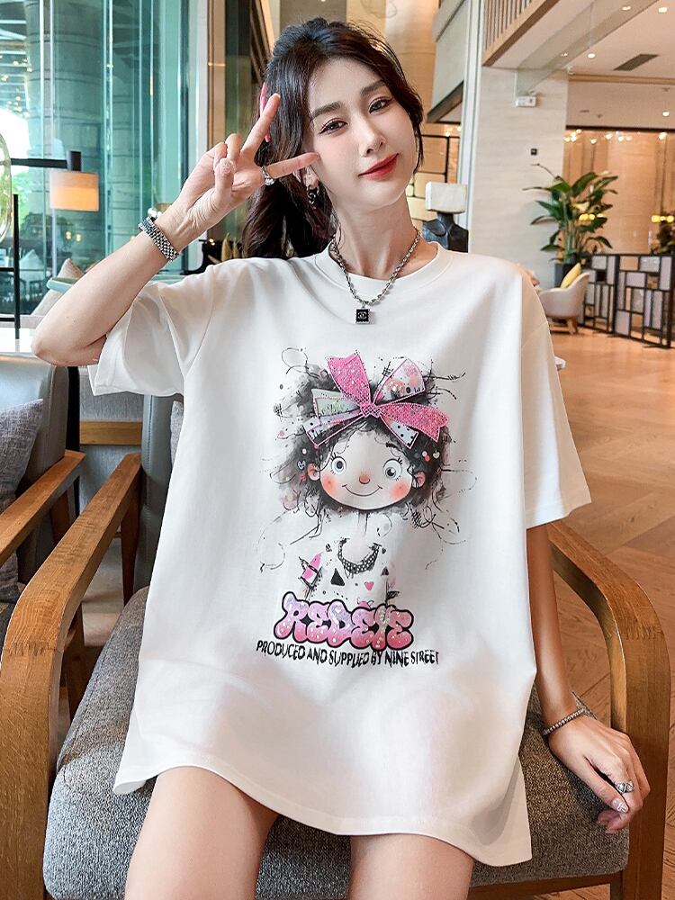 好感度UP ピンク カジュアル プリント スパンコール プリント ゆったり 半袖 Tシャツ＜S-8705＞